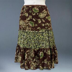 Xtraordinary Brown Green Paisley Tiered Ruffle Skirt Y2K Boho Fairycore